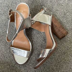 Coach metallic silver leather Lexey strap wood block heels